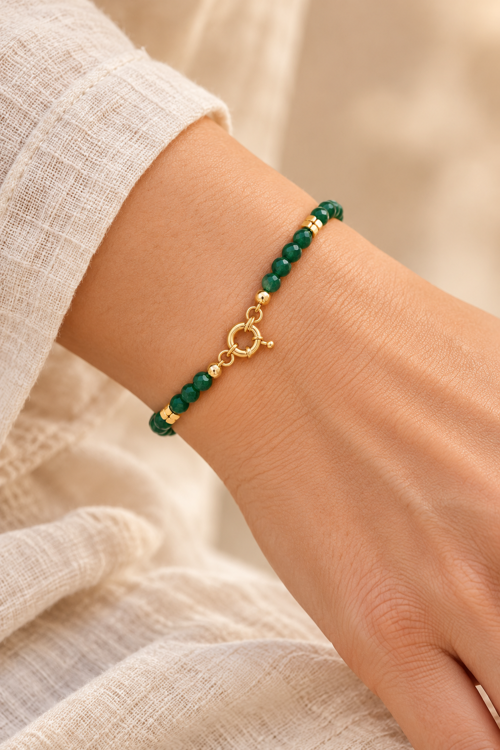 Green Jade Beaded Crystal Bracelet worn on a model's wrist