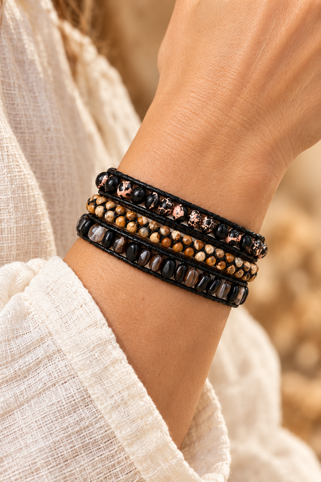 Handmade Black Onyx & Black Agate Mixed Natural Stone Wrap Bracelet worn on a model's wrist
