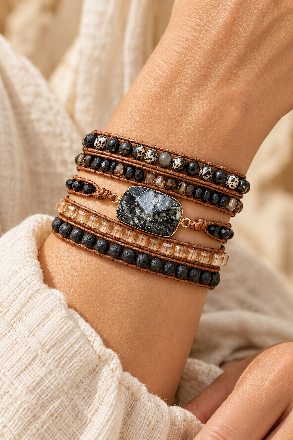 Handmade Black Onyx & Dalmatian Jasper Mixed Natural Stone Wrap Bracelet worn on a model's wrist