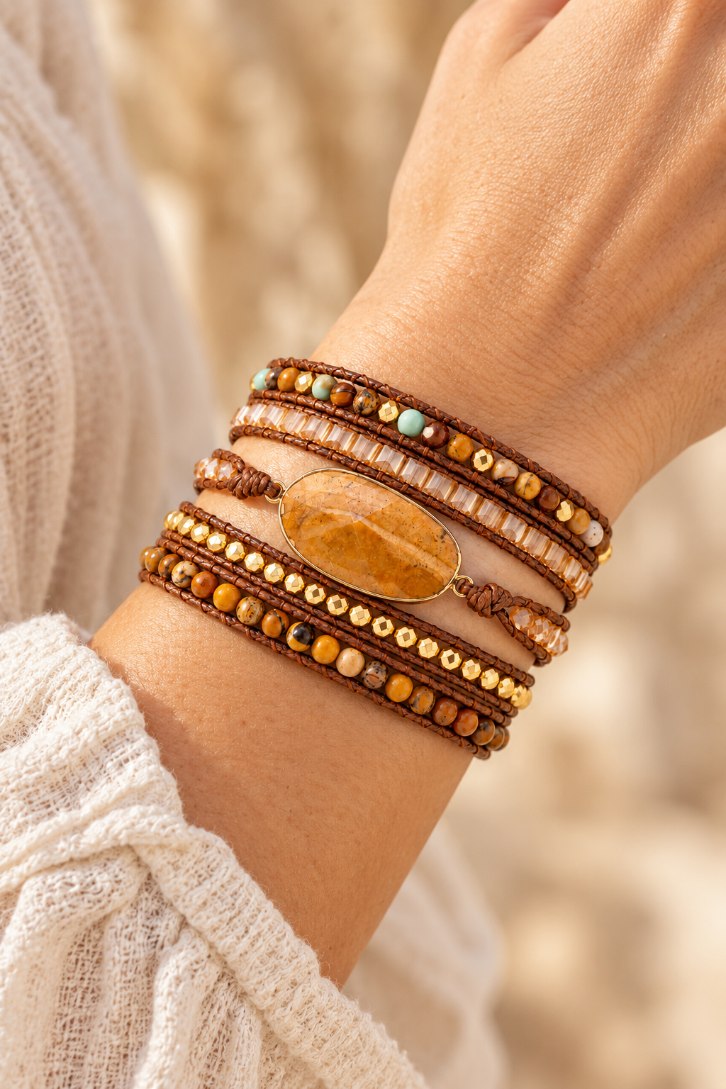 Handmade Picture Jasper Mixed Natural Stone Wrap Bracelet worn on a model's wrist