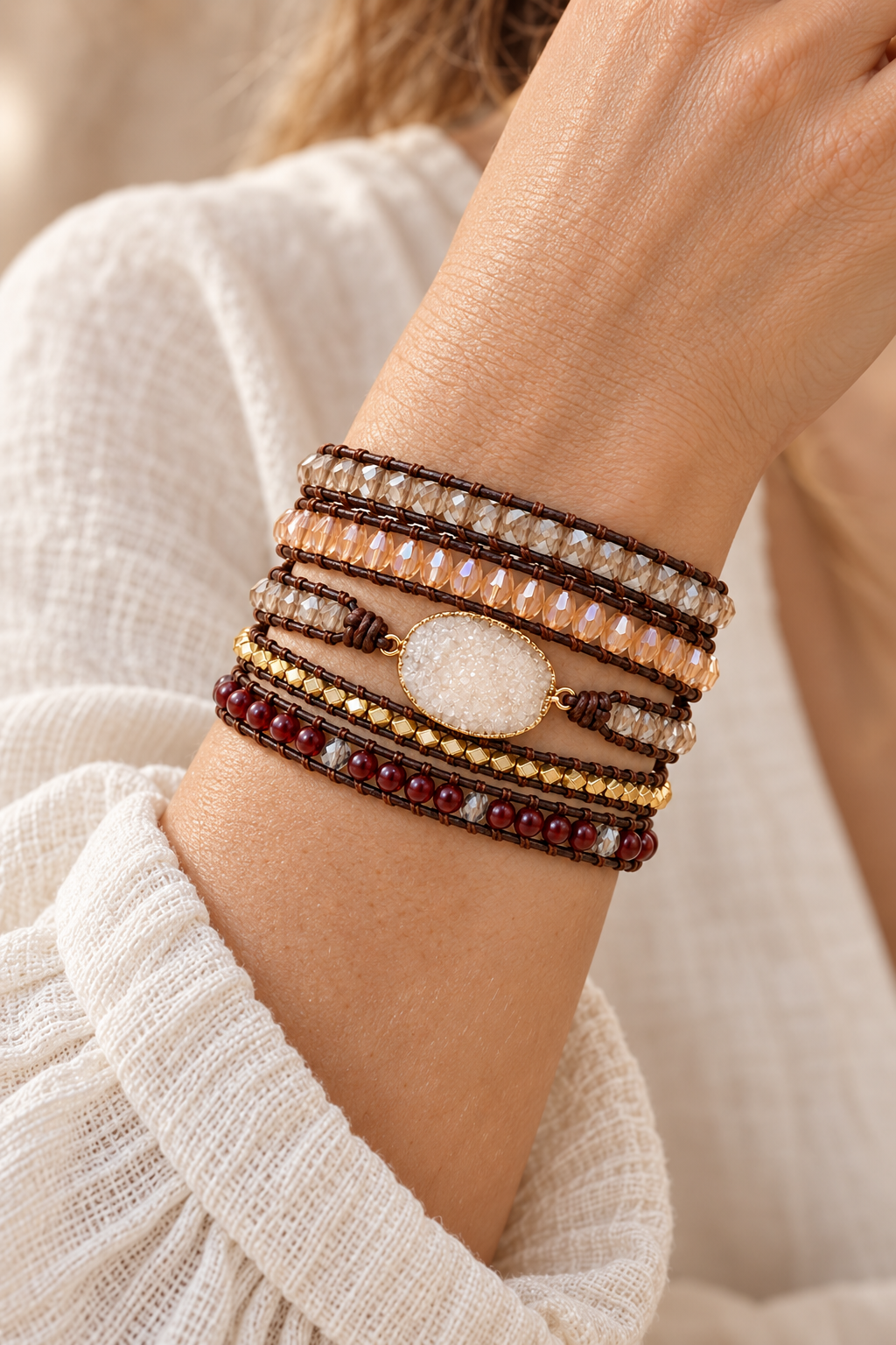 Handmade Tiger’s Eye & Fresh Water Pearls Mixed Natural Stone 5 Wrap Bracelet worn on a model's wrist