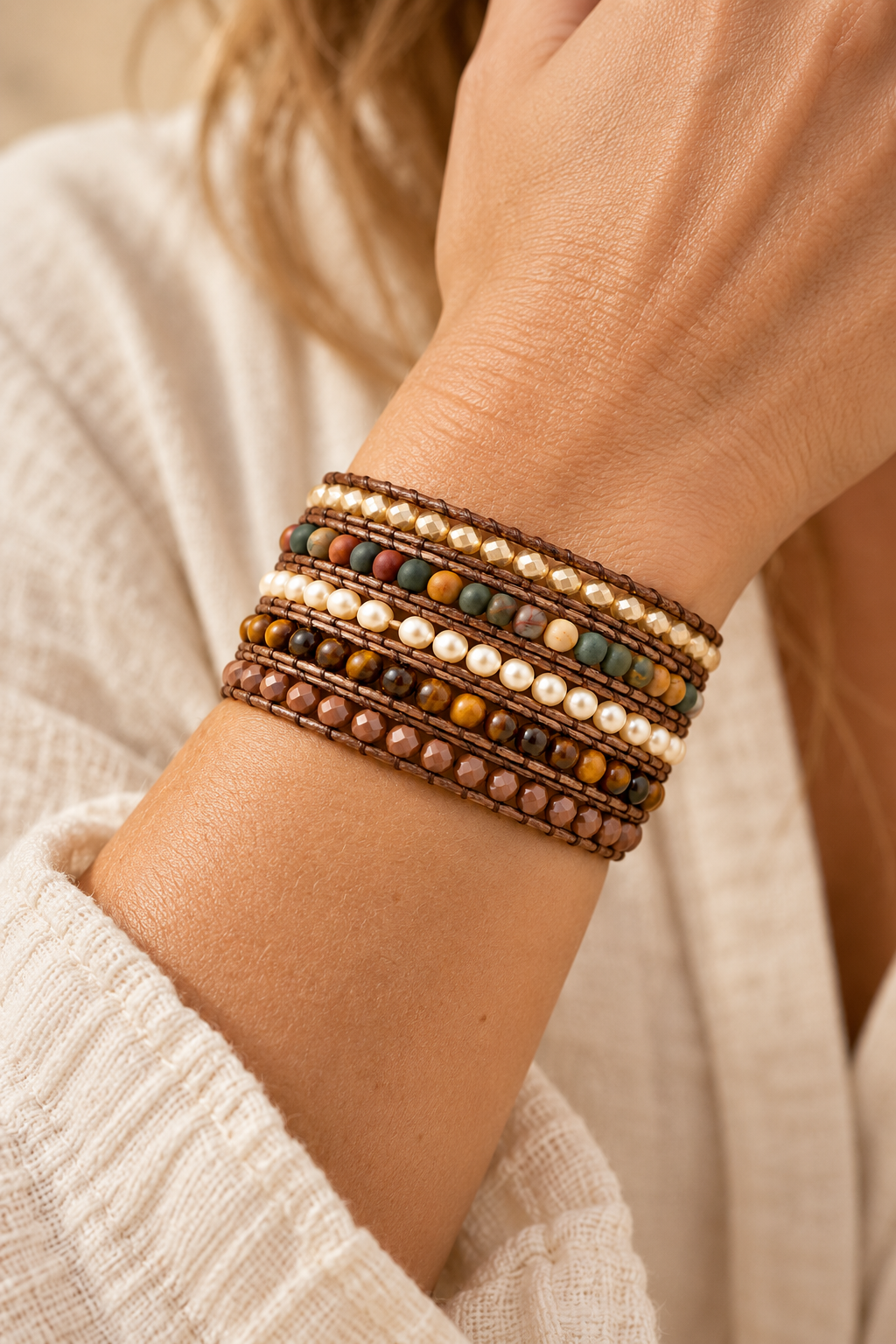 
                  
                    Handmade White Druzy Agate Mixed Natural Stone Wrap Bracelet worn on a model's wrist
                  
                