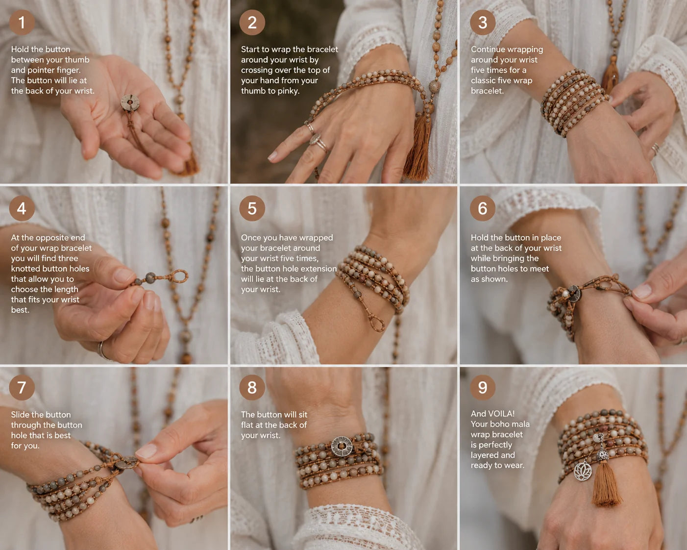 
                  
                    Nine-step guide showing how to wrap and fasten a Boho & Mala wrap bracelet
                  
                