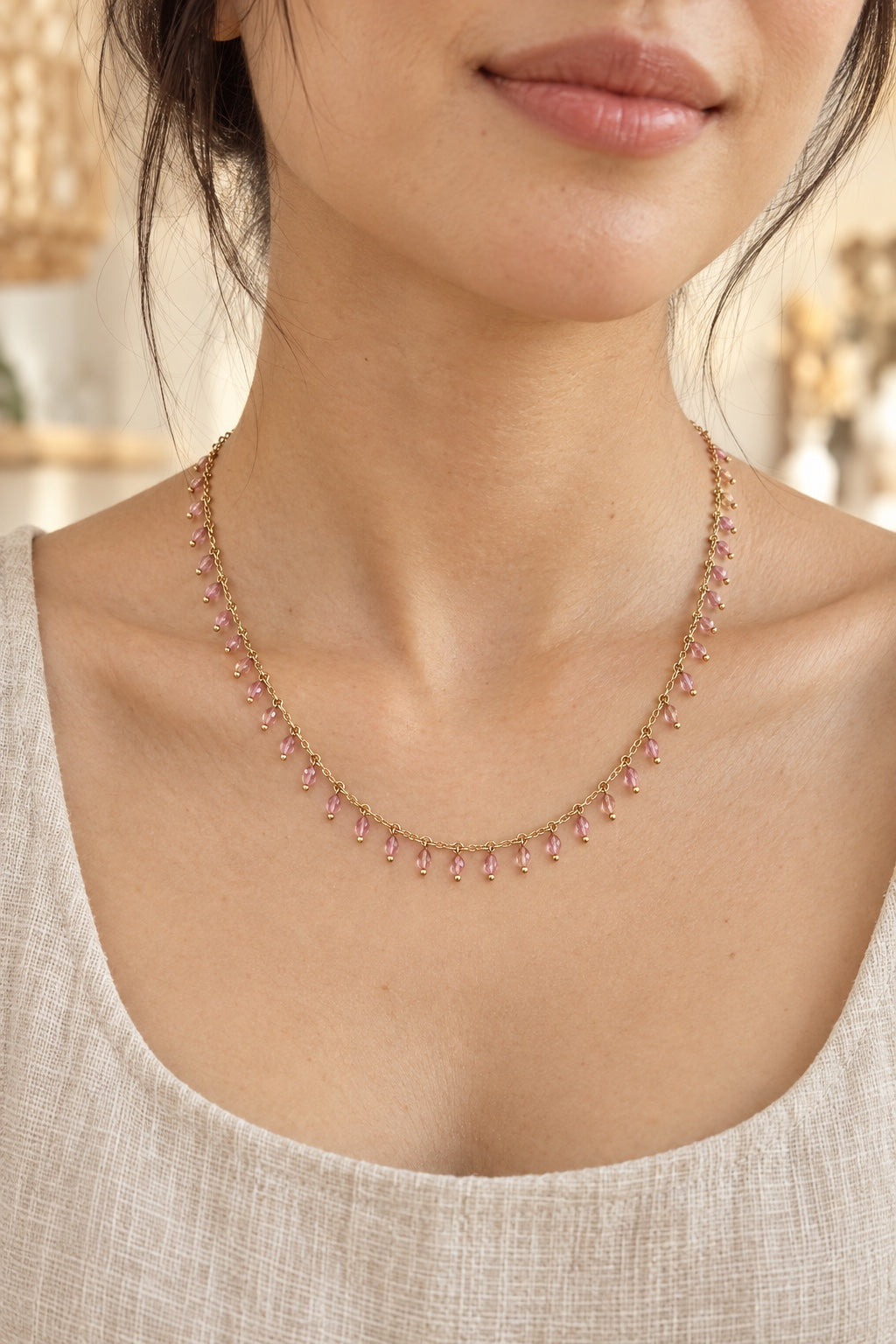 Boho model wearing the Isolde Rose Quartz gemstone drop necklace