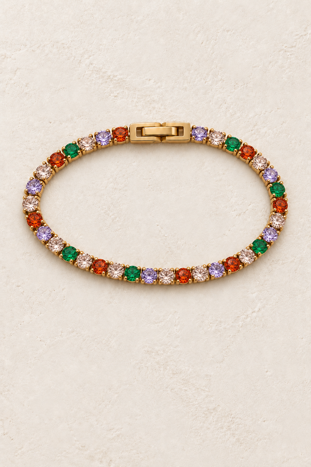 
                  
                    Luciana Gold Multicolour Tennis Bracelet on a beige textured background
                  
                