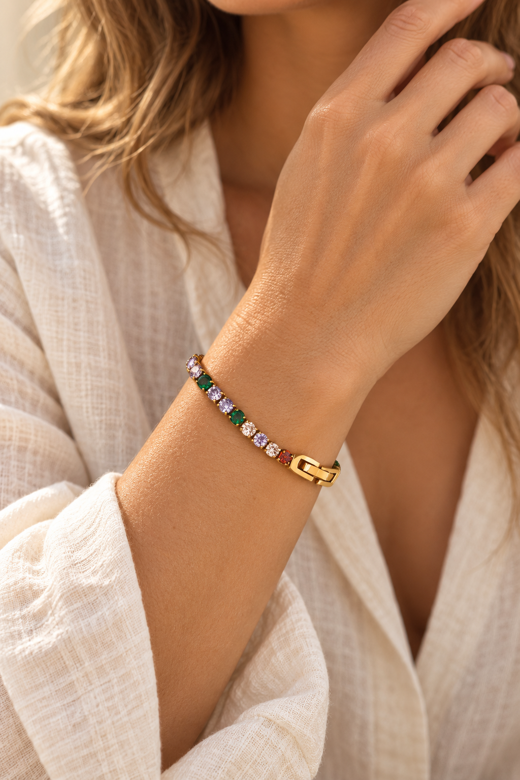 
                  
                    Luciana Gold Multicolour Tennis Bracelet worn on a model's wrist
                  
                