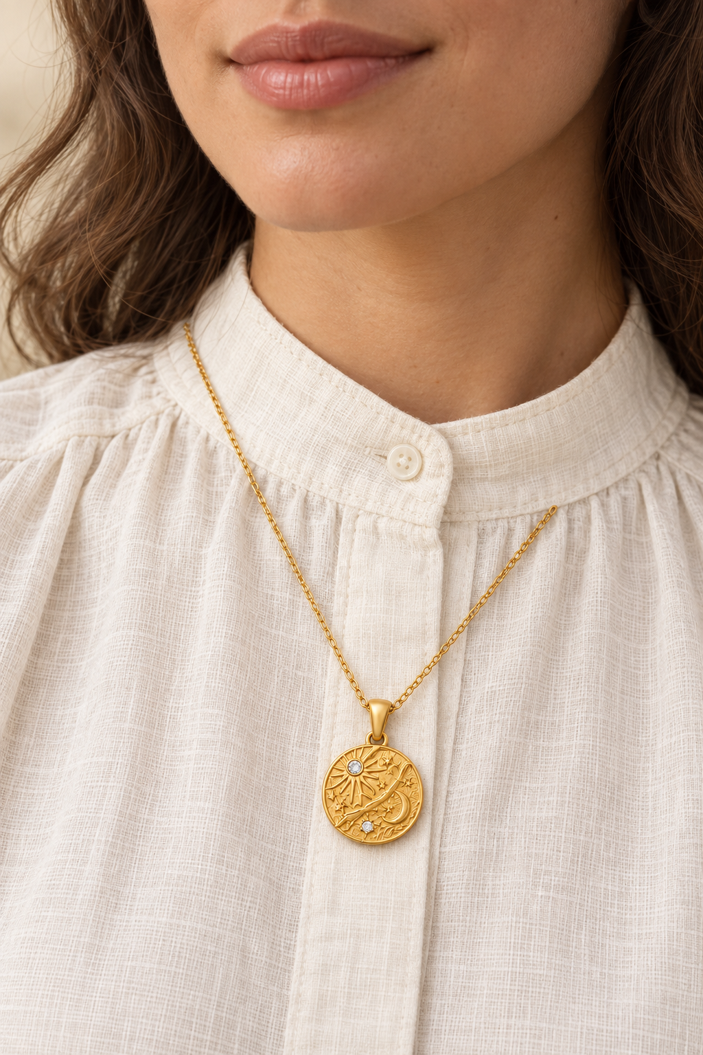 Luna Celestial Sun & Moon Necklace worn on a model