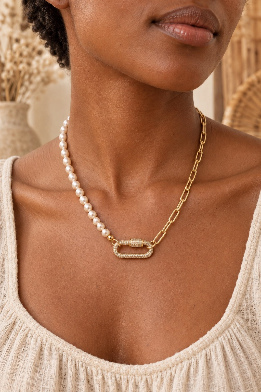 Model wearing the Marielle freshwater pearl and gold link necklace
