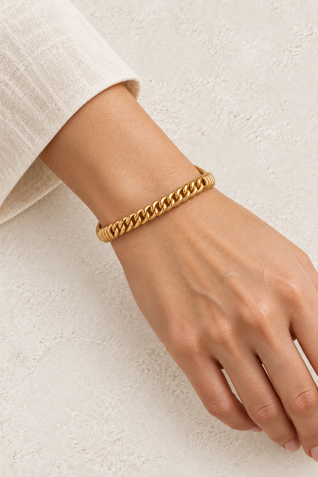 
                  
                    Model wearing Marlow Gold Chain Bangle
                  
                
