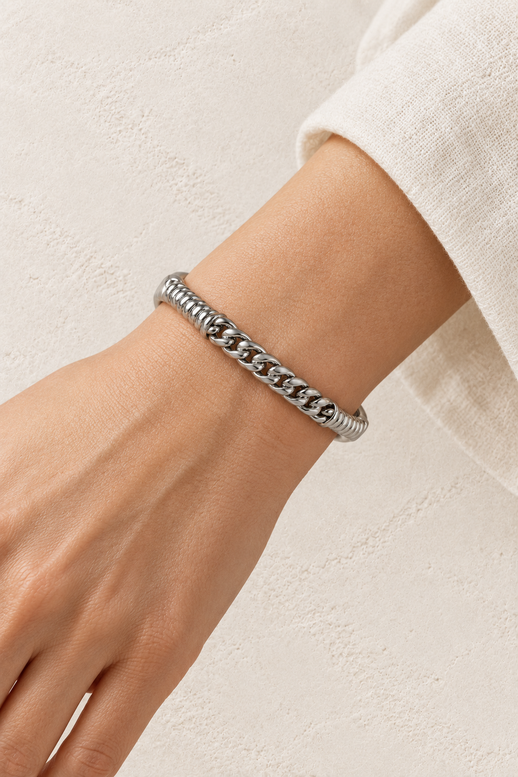 
                  
                    Model wearing Marlow Silver Chain Bangle
                  
                