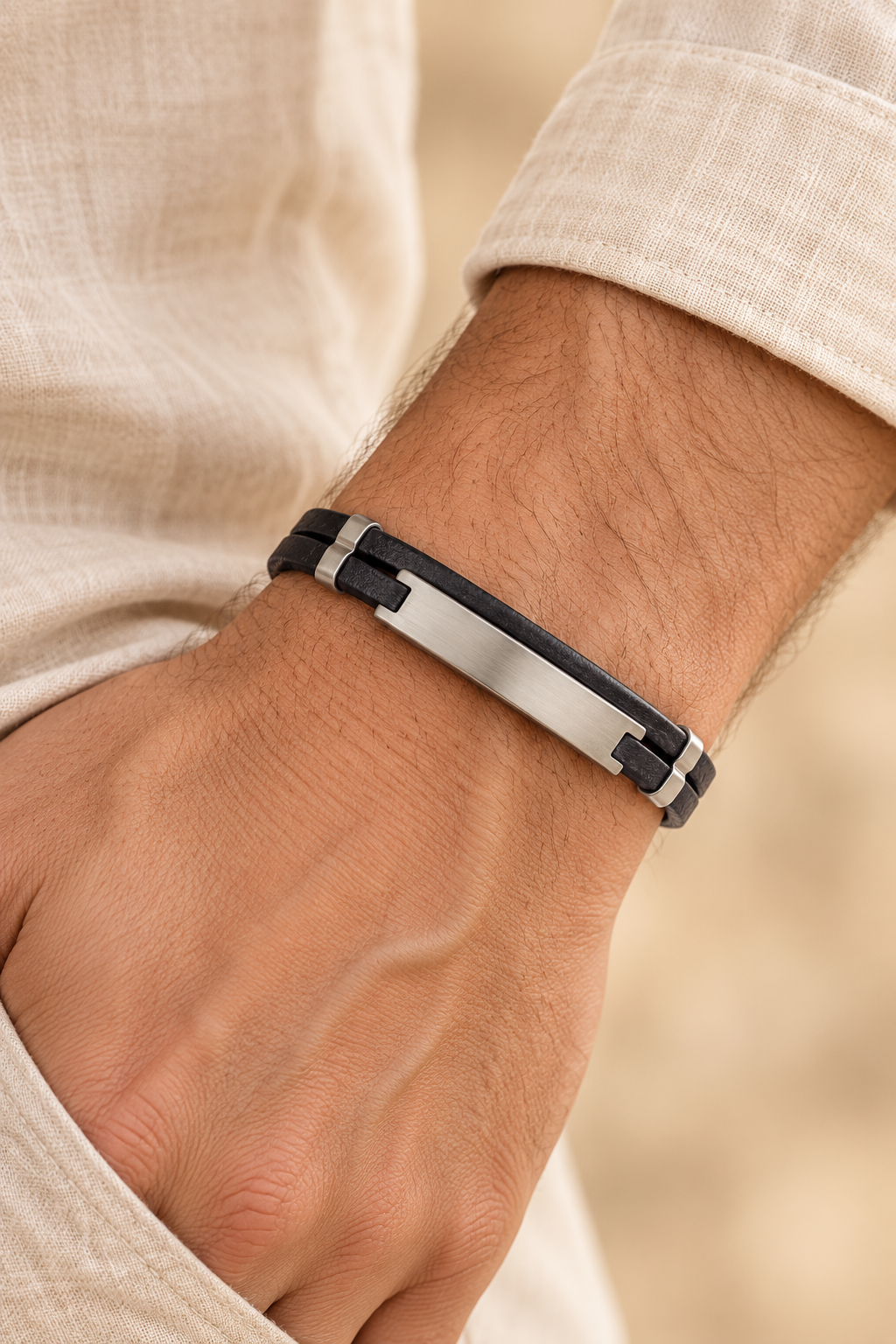 Men’s Black PU Leather & Stainless-Steel Bracelet 21cm worn on a model's wrist