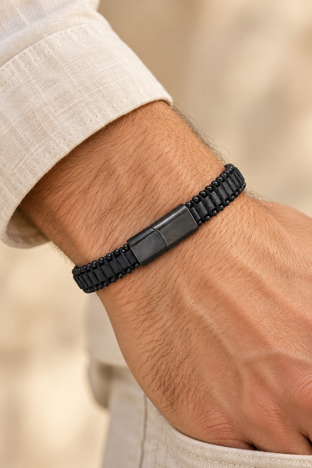 Men’s Black PU Leather & Stainless-Steel Bracelet 23cm worn on a model's wrist