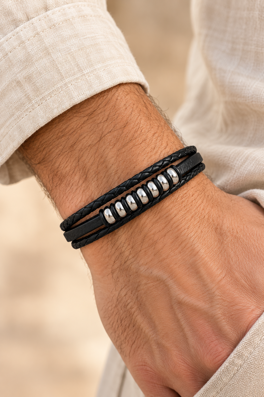 Men’s Black PU Leather & Stainless-Steel Bracelet 23cm worn on a model's wrist