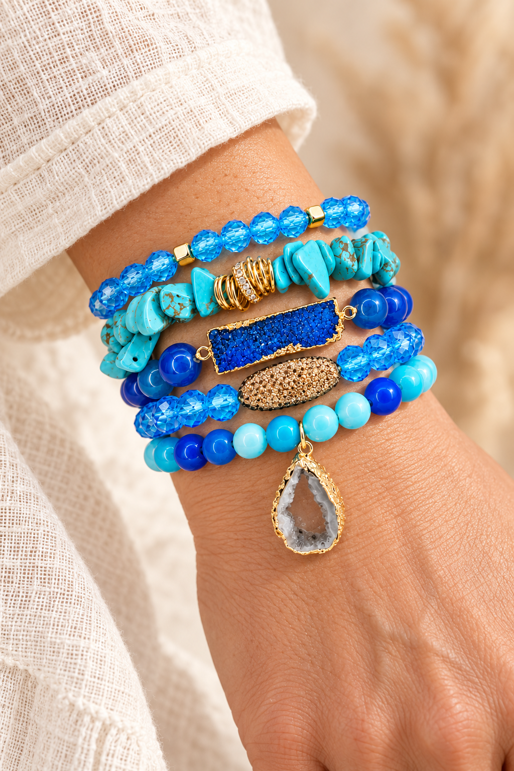 Ocean Blue Stone Mix Elastic Bracelet Stackable Sets worn on a model's wrist