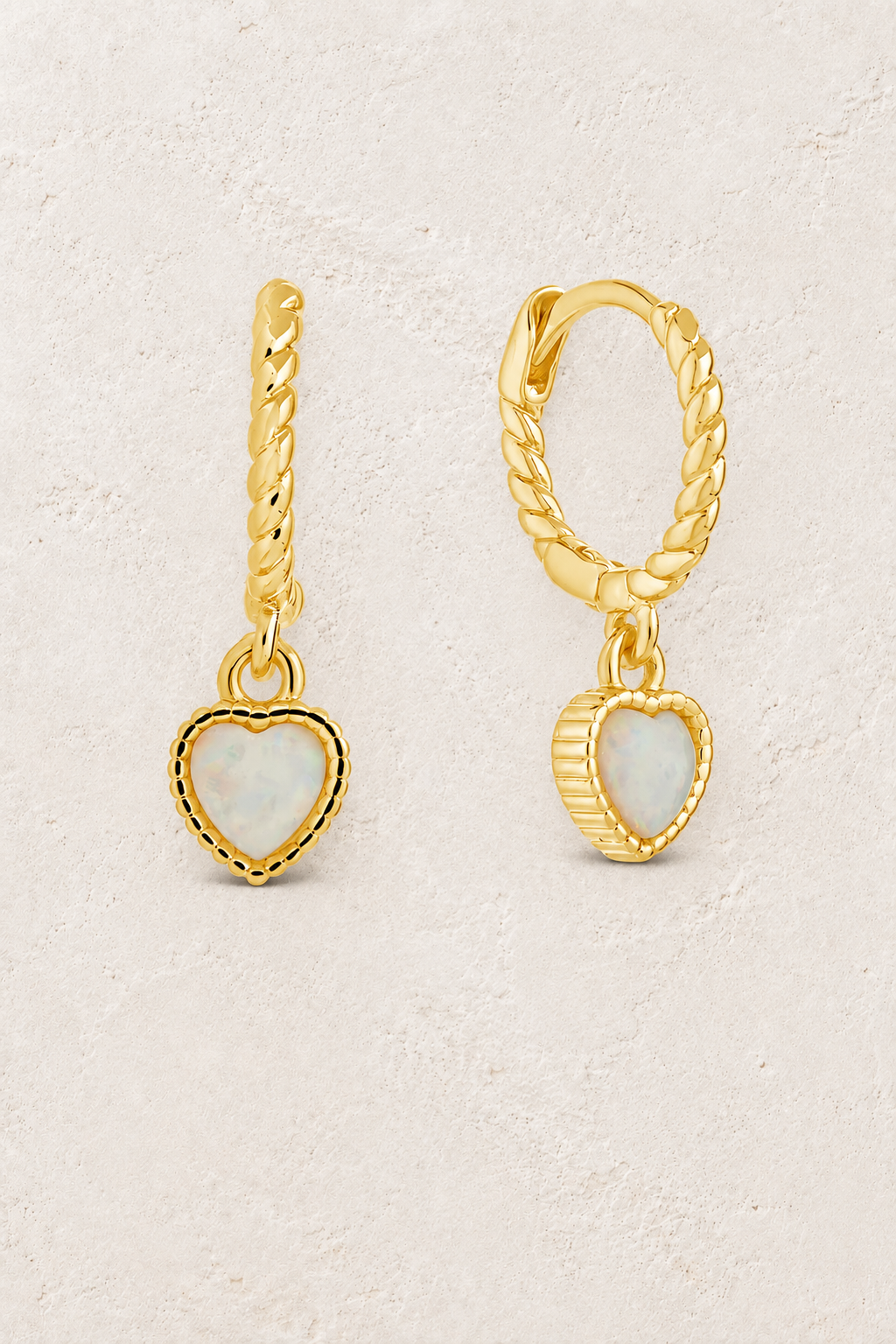 Gold opal heart rope hoop earrings