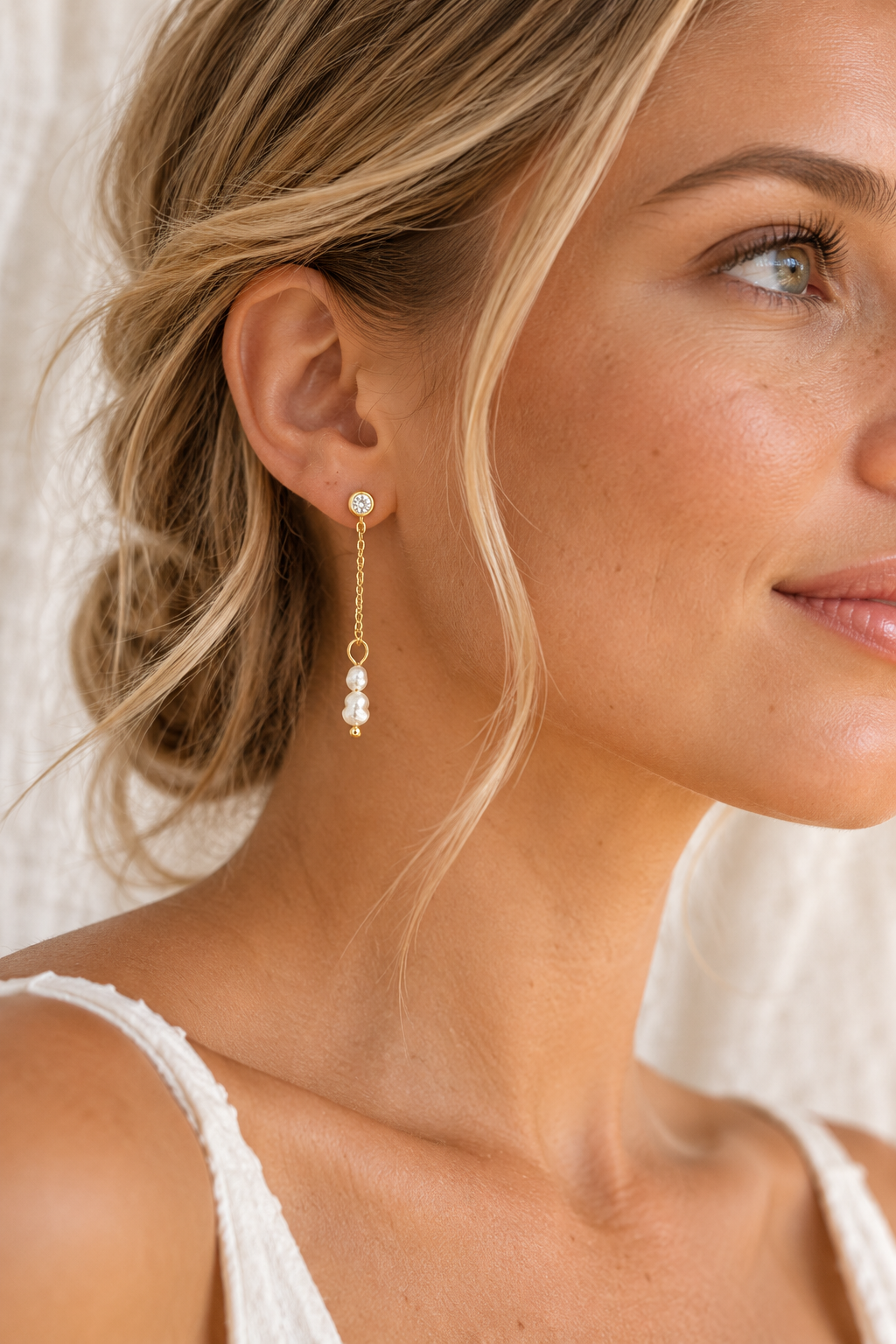 Gold Pearl Chain Drop Earrings — model