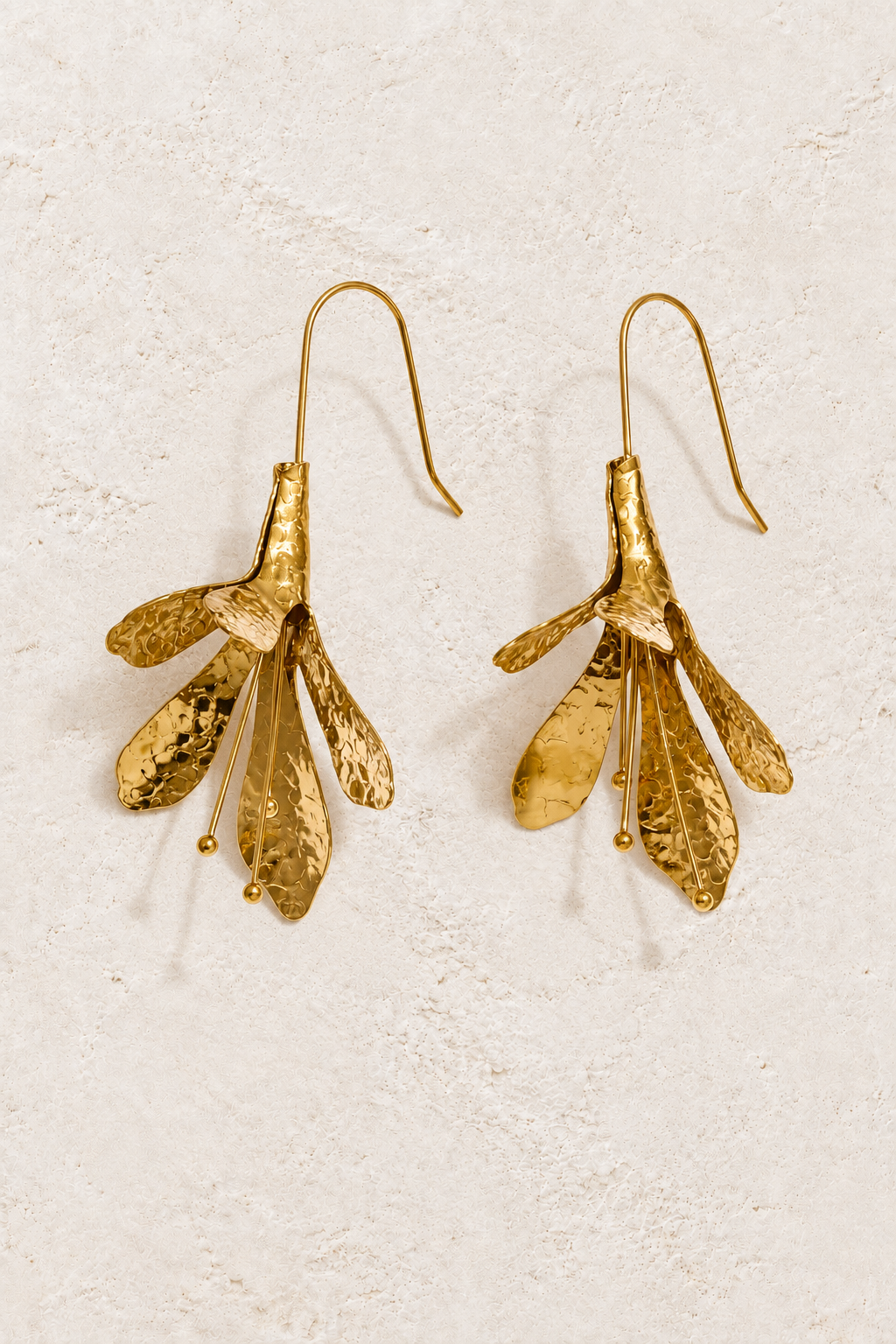 Gold Hammered Botanical Petal Drop Earrings — hero