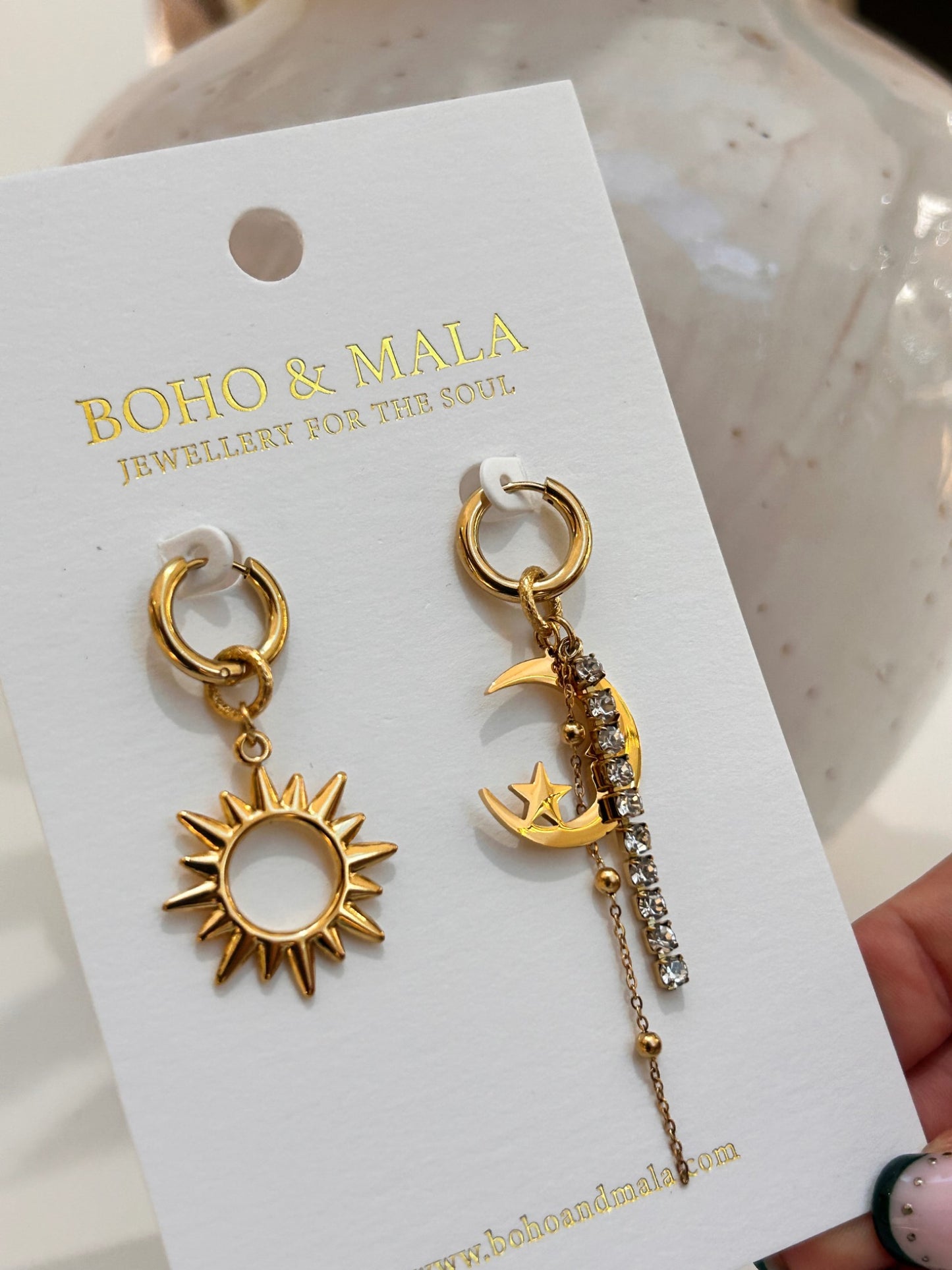 
                  
                    Selene Celestial Mismatch Hoops on Boho & Mala display card
                  
                