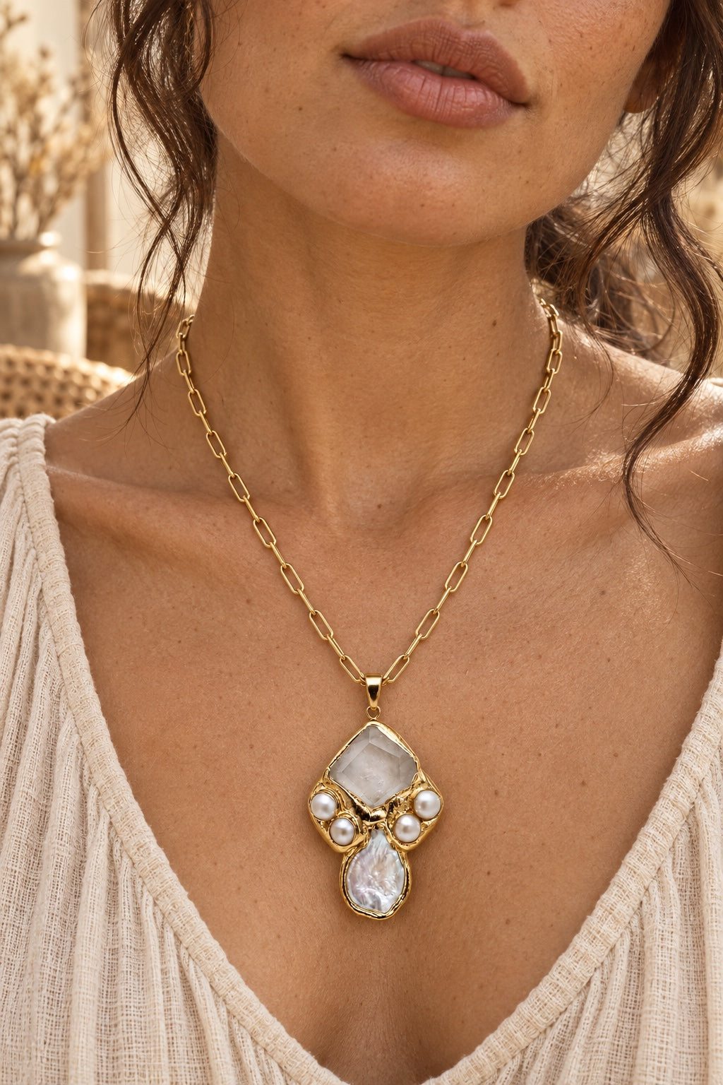 Boho model wearing the Seravelle Clear Quartz gold-plated statement necklace