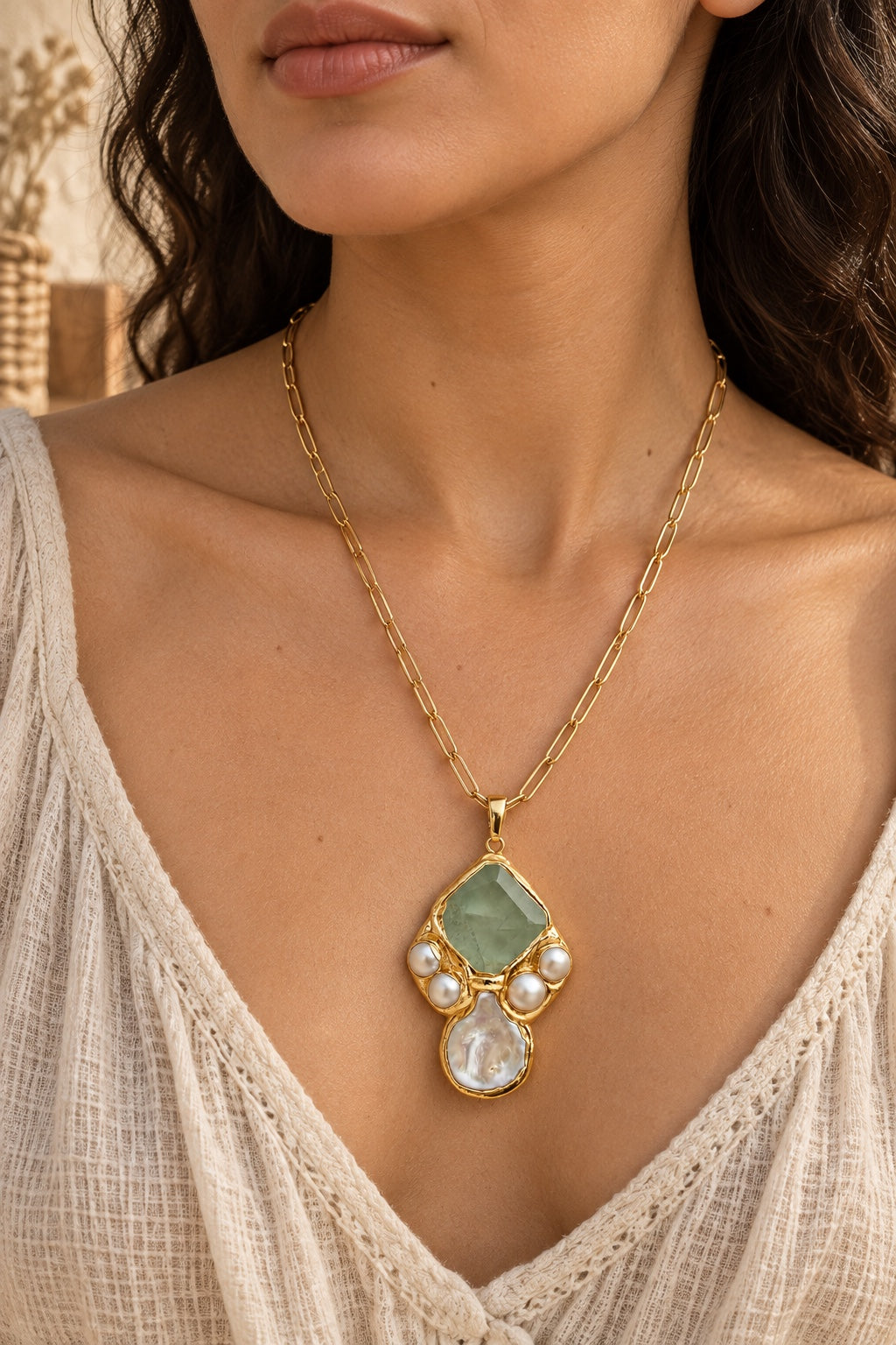 Boho model wearing the Seravelle Green Jade gold-plated statement necklace