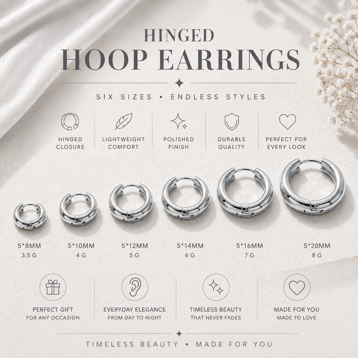 Silver hinged hoop earrings size guide - six sizes shown