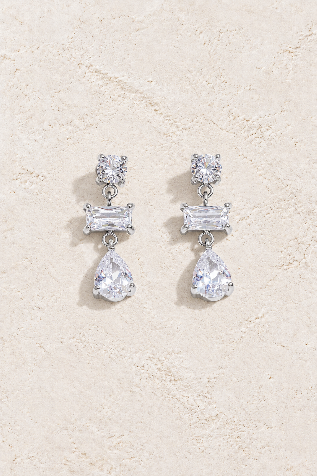 Silver Baguette & Pear Crystal Drop Earrings — hero