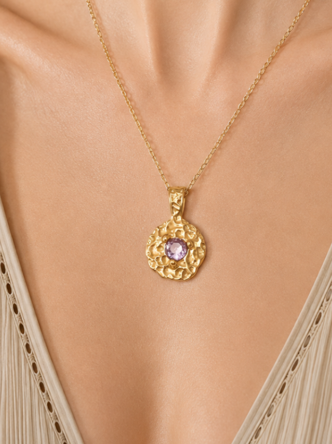 
                  
                    Solara February Birthstone Necklace with amethyst purple stone, gold pendant, waterproof stainless steel - Boho & Mala
                  
                
