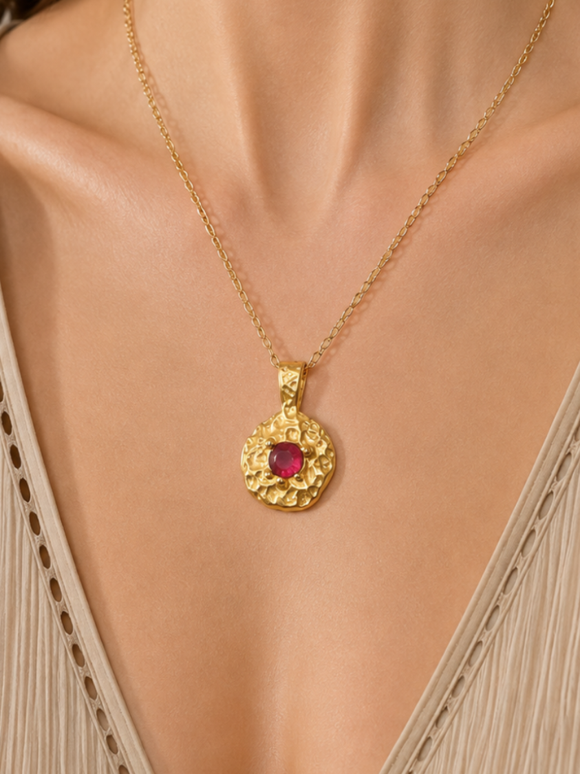 
                  
                    Solara January Birthstone Necklace with red garnet-coloured stone, gold pendant, waterproof stainless steel - Boho & Mala
                  
                