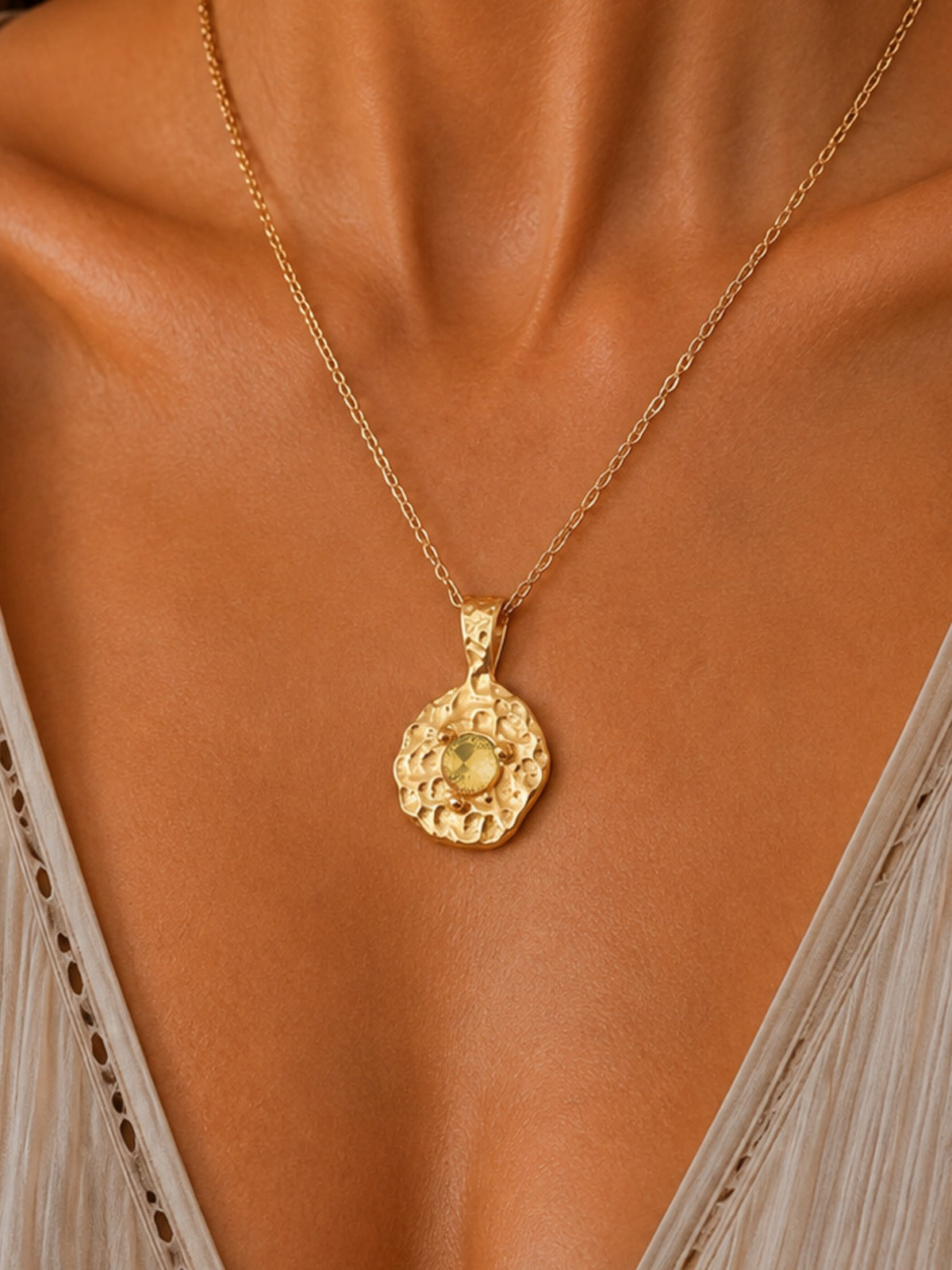 Solara November Birthstone Necklace – Citrine Gold, worn on model