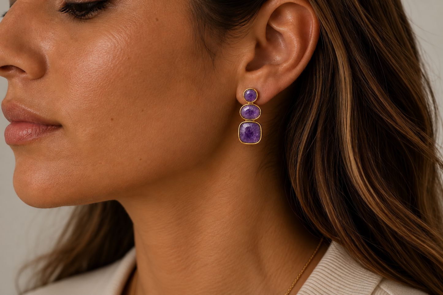 Boho model wearing Solenne Amethyst genuine gemstone stud drop earring