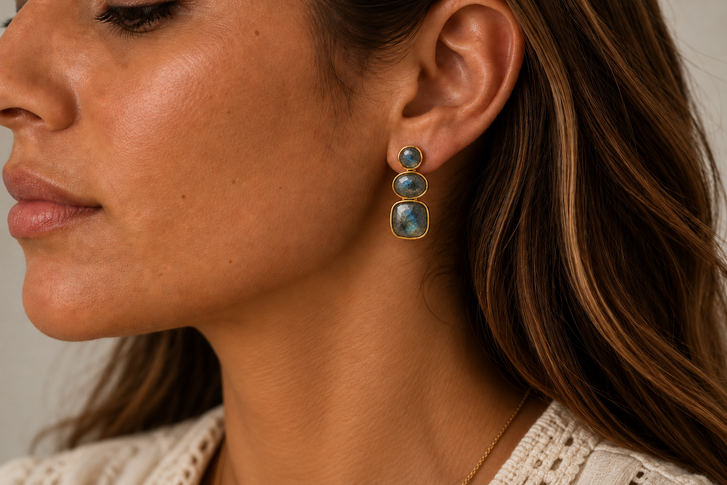 Boho model wearing Solenne Labradorite genuine gemstone stud drop earring