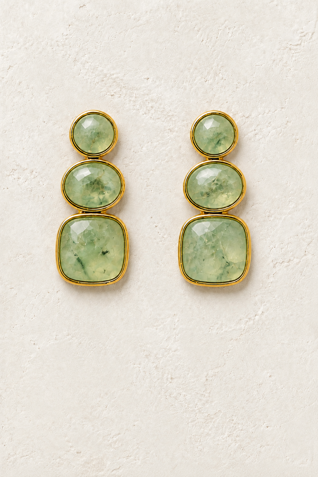 Solenne Prehnite genuine gemstone stud drop earrings on cream textured background