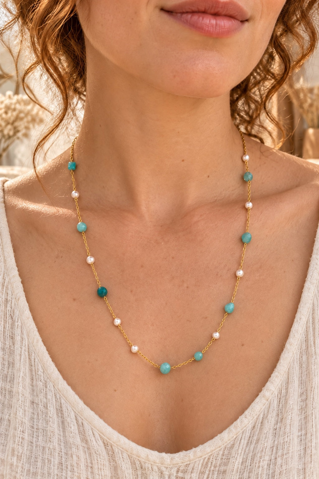 Boho model wearing the Solmara Amazonite and pearl-accent necklace