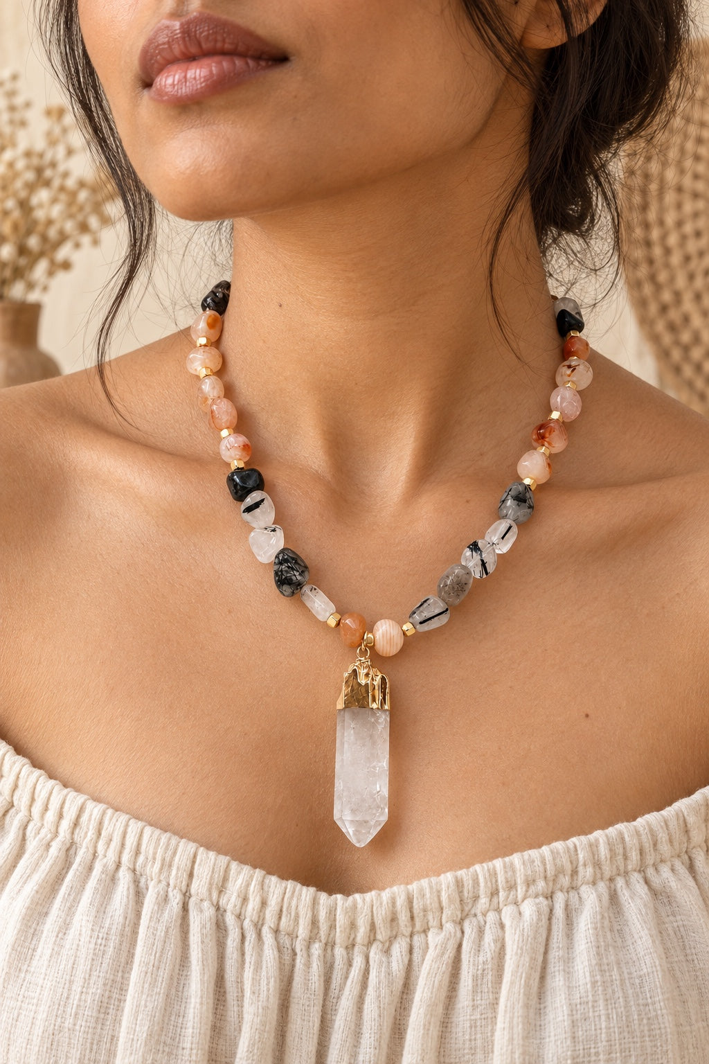 Boho model wearing the Sorelia mixed stone selenite pendant necklace