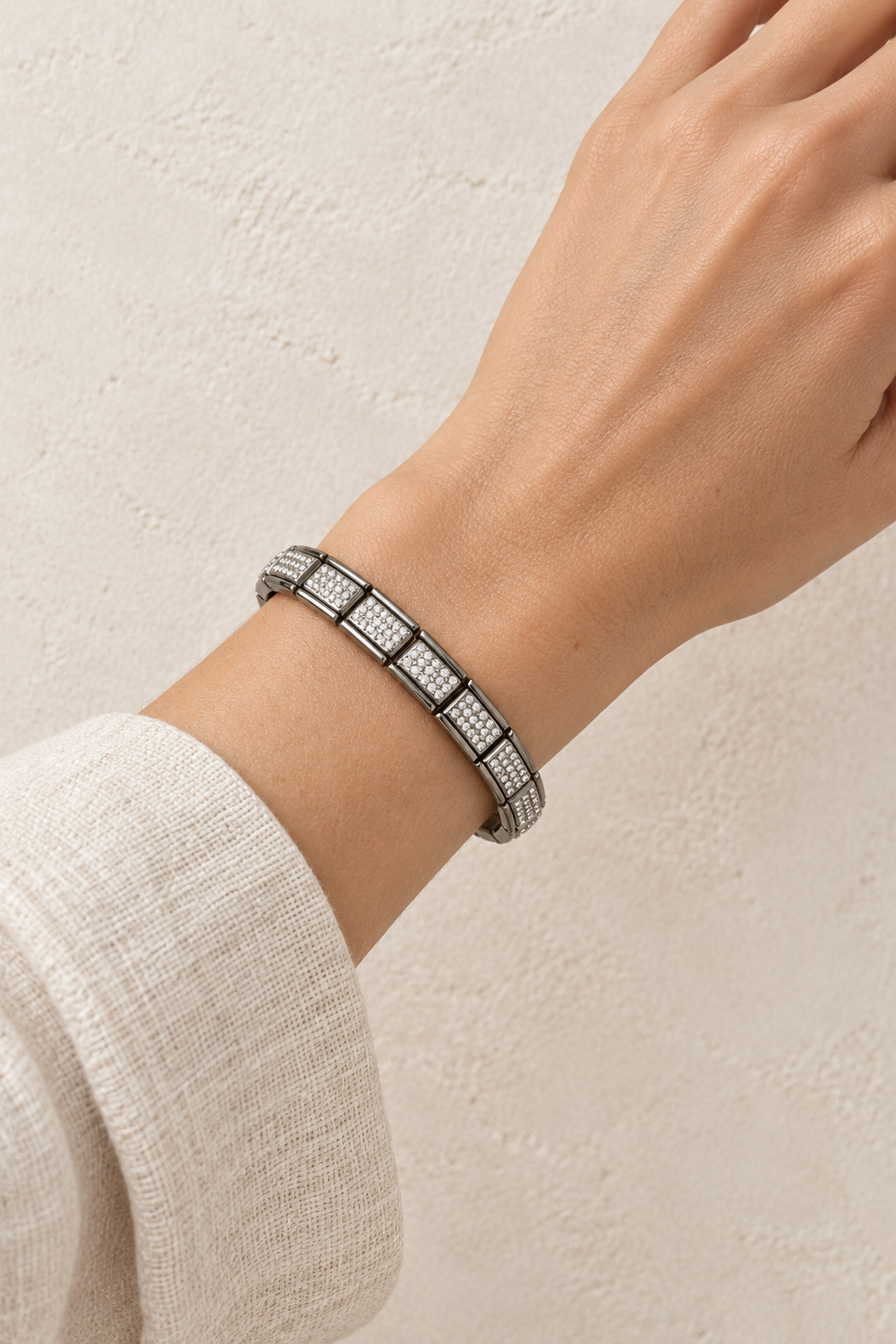
                  
                    Model wearing Talia Silver Pavé Tile Bangle
                  
                