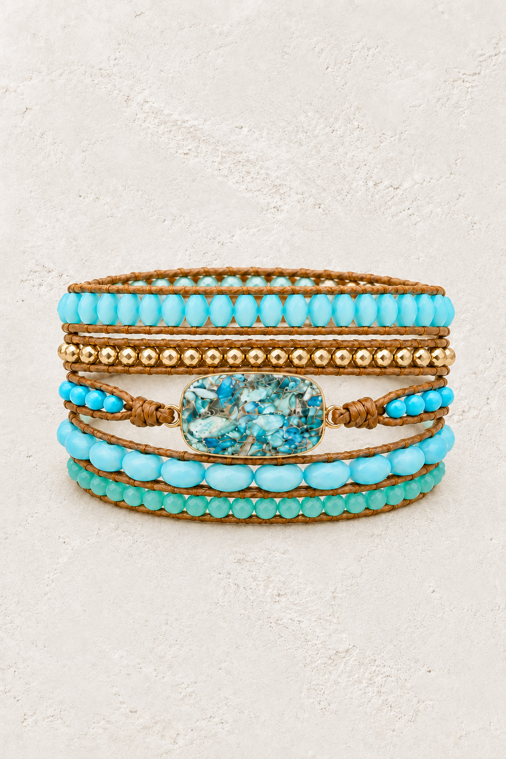 Handmade Amazonite Mixed Natural Stone Wrap Bracelet on the Boho & Mala warm-white textured background