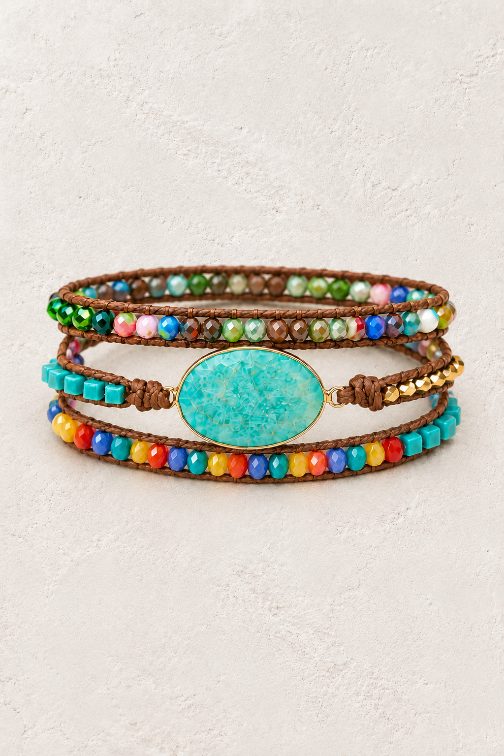 Handmade Rainbow Mixed Natural Stone Wrap Bracelet on the Boho & Mala warm-white textured background