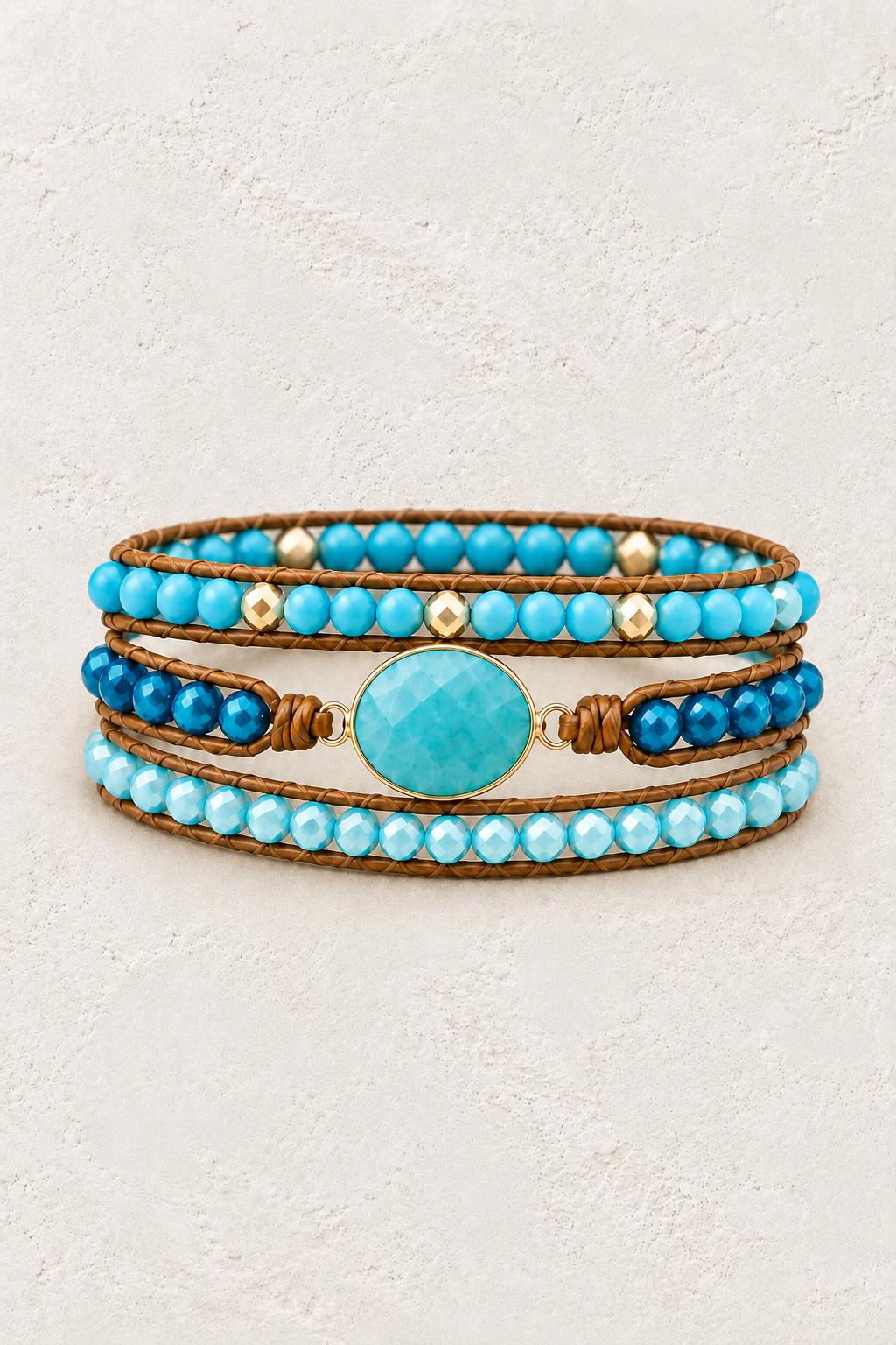 Handmade Turquoise Mixed Natural Stone Wrap Bracelet on the Boho & Mala warm-white textured background