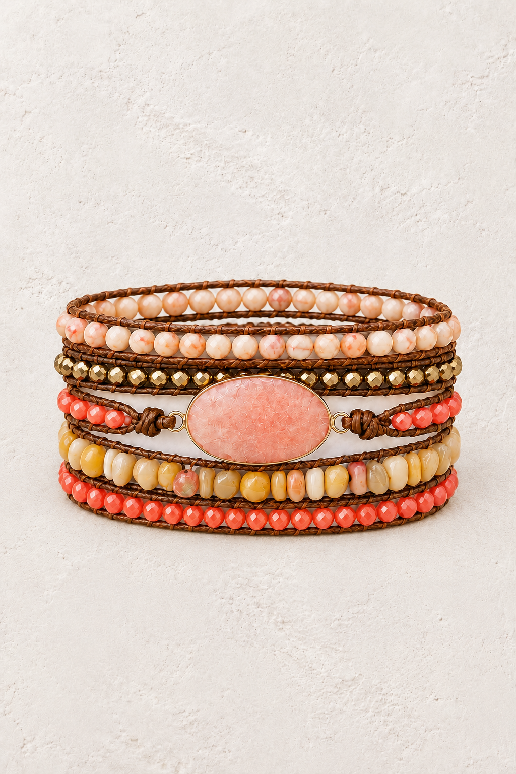 Handmade Peach Jade Mixed Natural Stone Wrap Bracelet on the Boho & Mala warm-white textured background