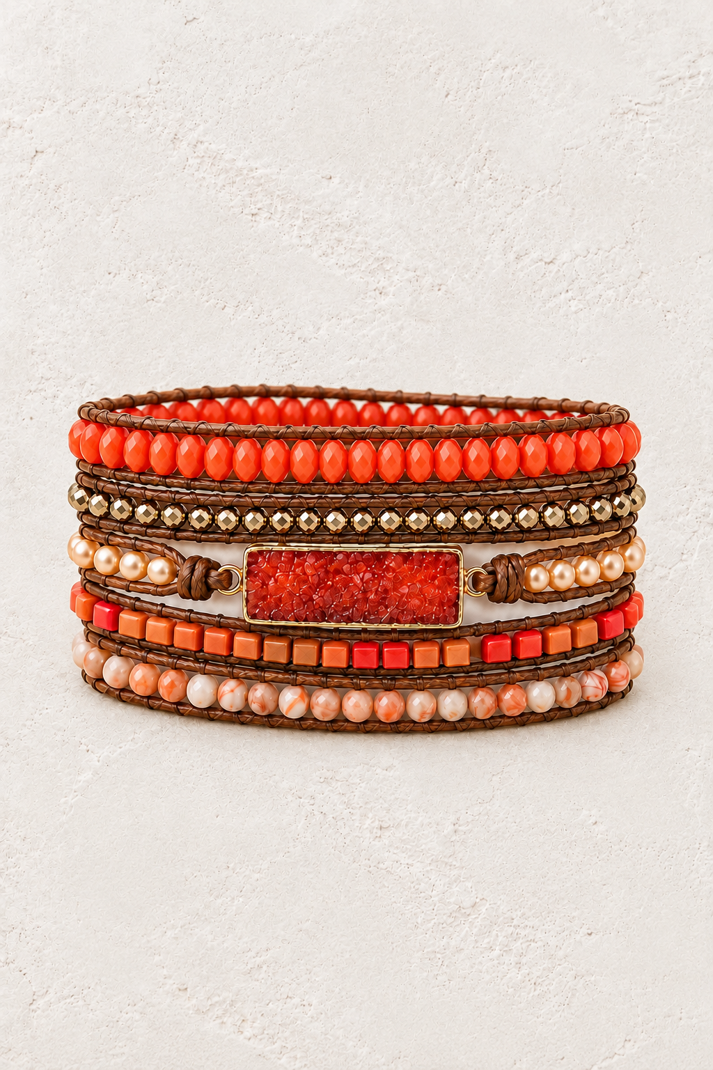 Handmade Coral Druzy Mixed Natural Stone Wrap Bracelet on the Boho & Mala warm-white textured background