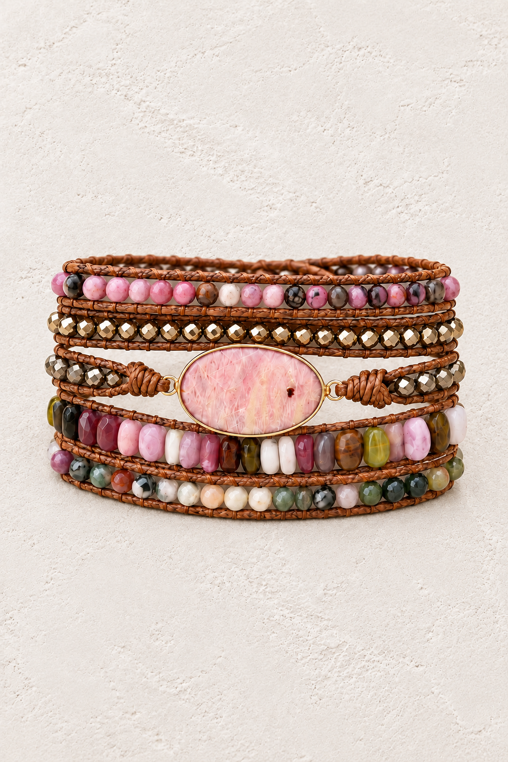 Handmade Rhodonite Mixed Natural Stone Wrap Bracelet on the Boho & Mala warm-white textured background