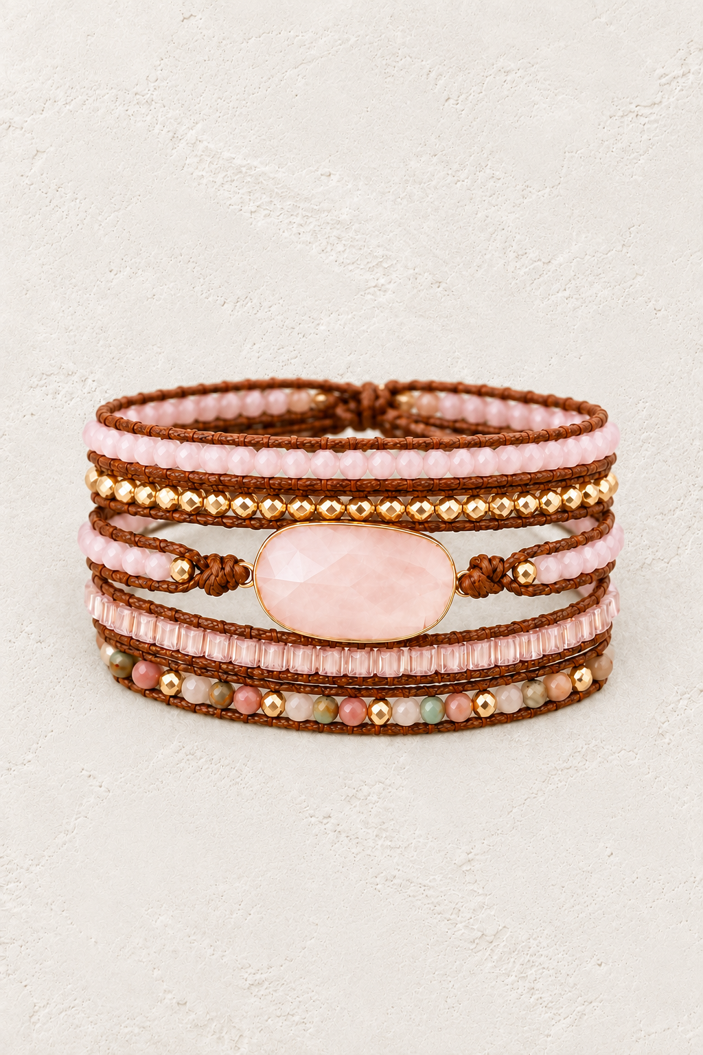 Handmade Rose Quartz Mixed Natural Stone Wrap Bracelet on the Boho & Mala warm-white textured background