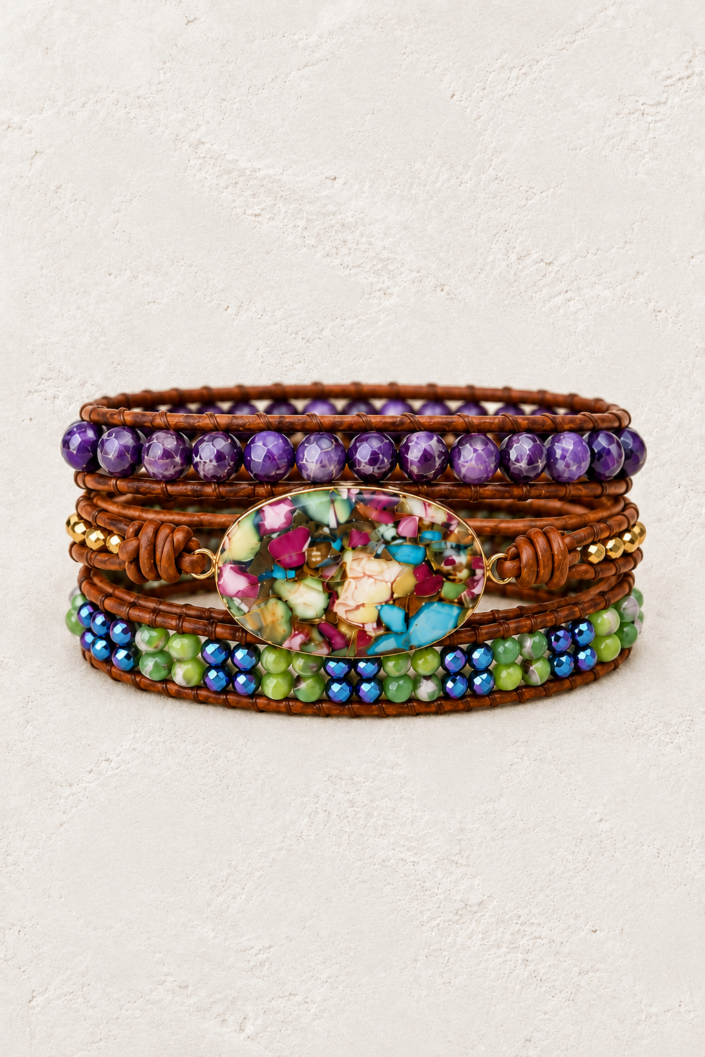Handmade Mosaic Mixed Natural Stone Wrap Bracelet on the Boho & Mala warm-white textured background
