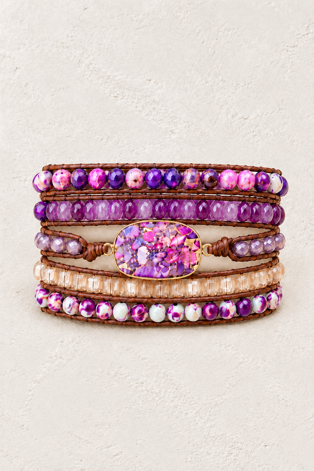 Handmade Purple Imperial Jasper Mixed Natural Stone Wrap Bracelet on the Boho & Mala warm-white textured background