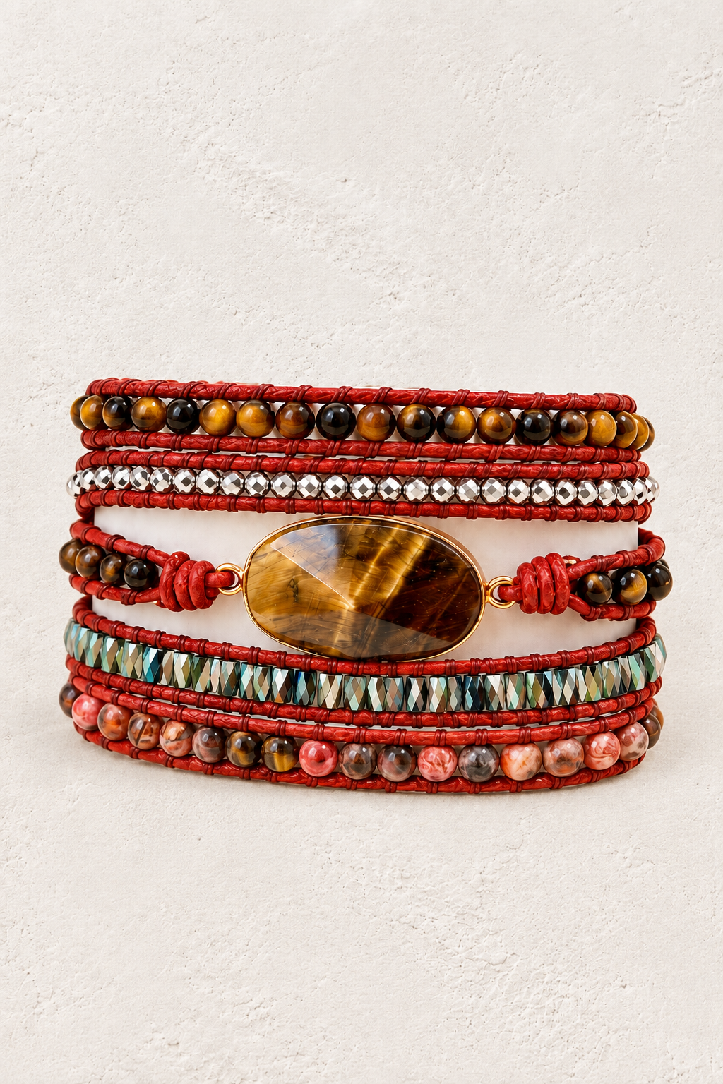 Handmade Tiger’s Eye & Rhodonite Mixed Natural Stone Wrap Bracelet on the Boho & Mala warm-white textured background