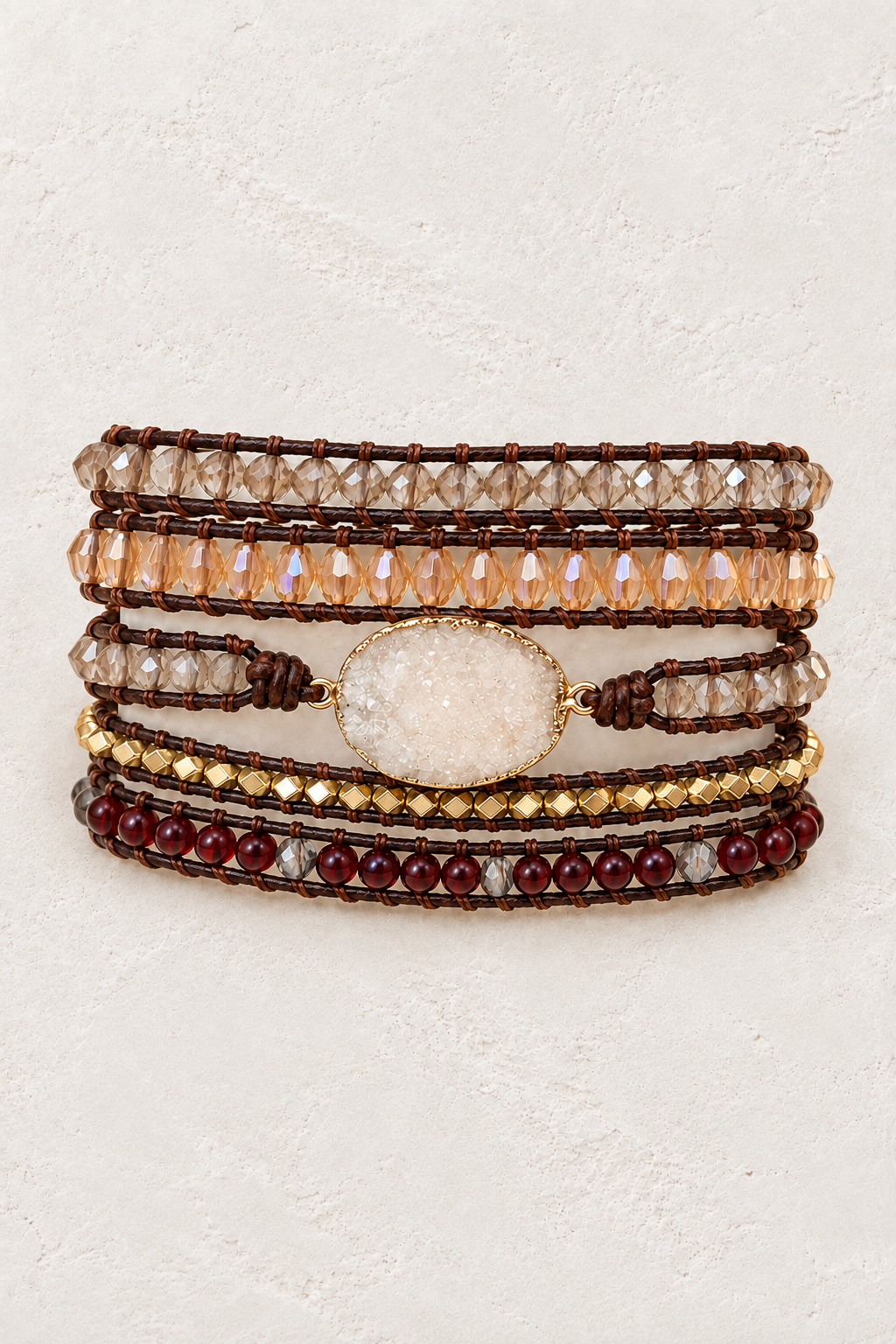 Handmade Tiger’s Eye & Fresh Water Pearls Mixed Natural Stone 5 Wrap Bracelet on the Boho & Mala warm-white textured background