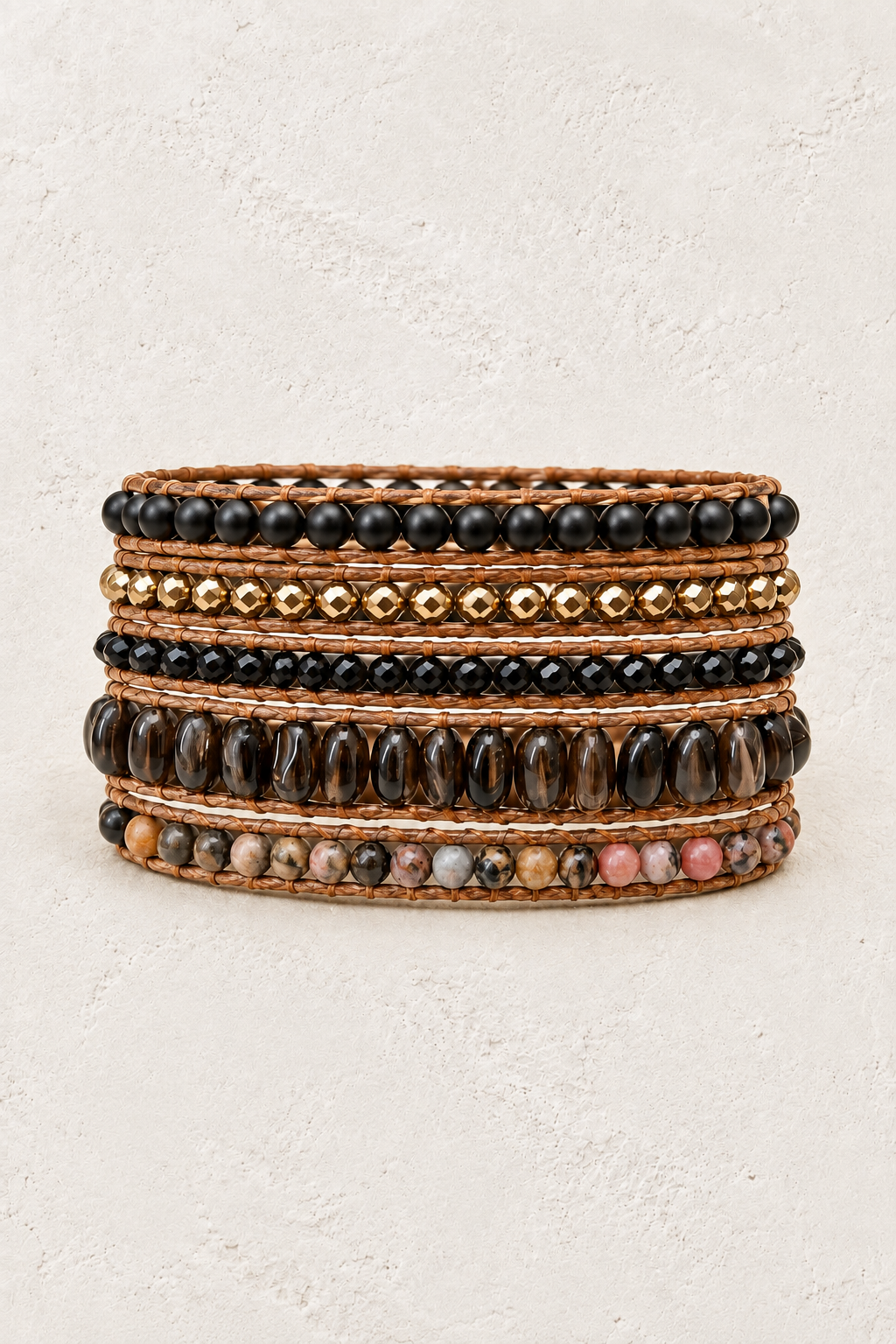 Handmade Black Onyx & Smokey Quartz Mixed Natural Stone 5 Wrap Bracelet on the Boho & Mala warm-white textured background