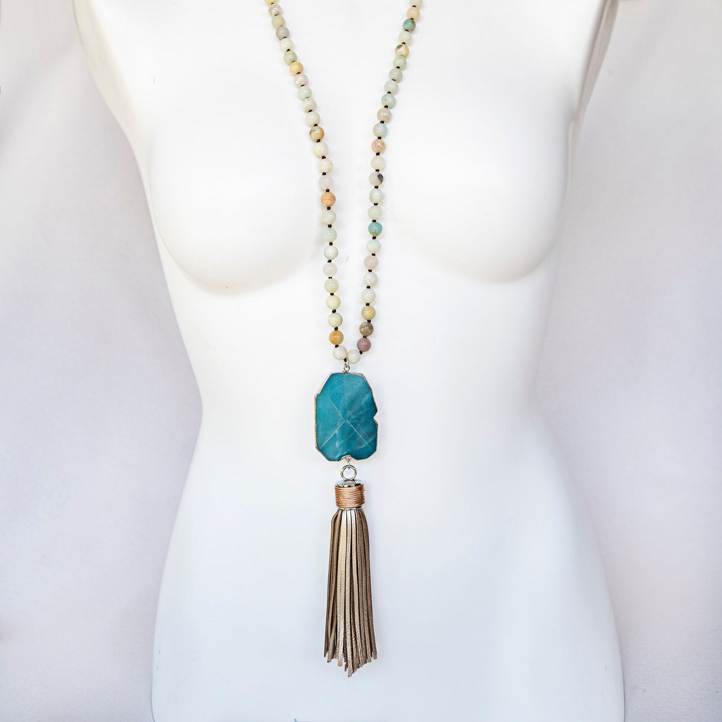 
                  
                    Boho & Mala Natural Tribal Round Blue Amazonite Stone Tassel Necklace TN10025
                  
                