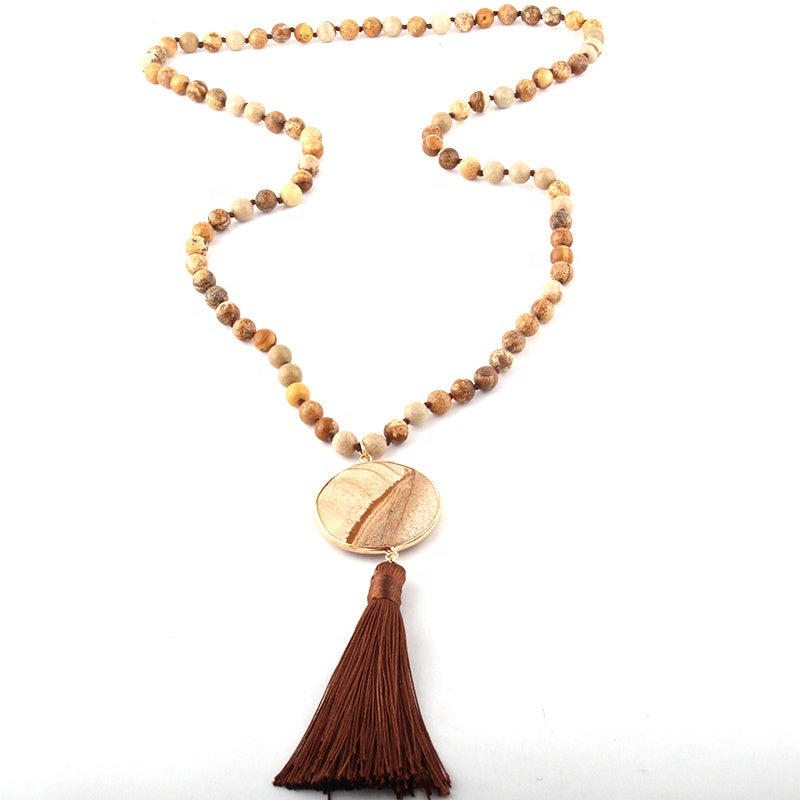 
                  
                    Boho & Mala Natural Tribal Round Desert Jasper Stone Tassel Necklace TN10028
                  
                