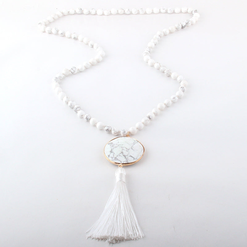 
                  
                    Boho & Mala Natural Tribal Round Howlite Stone Tassel Necklace TN10031
                  
                